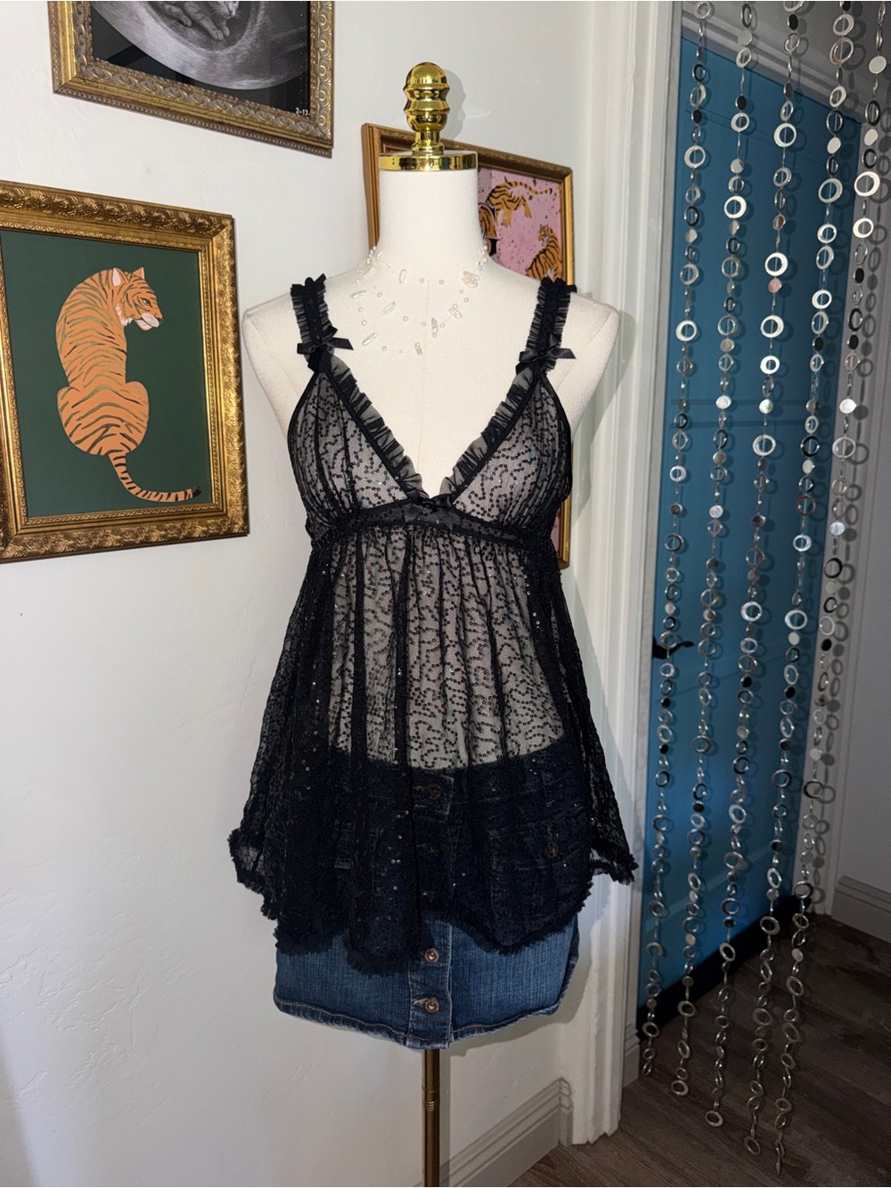 Y2K Black Sheer Lace Babydoll Tank Top